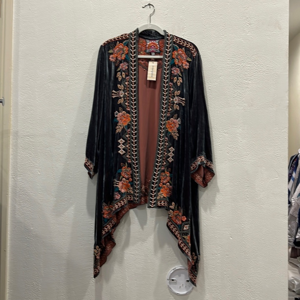 Johnny Was light jacket, gray velvet with embroidery.